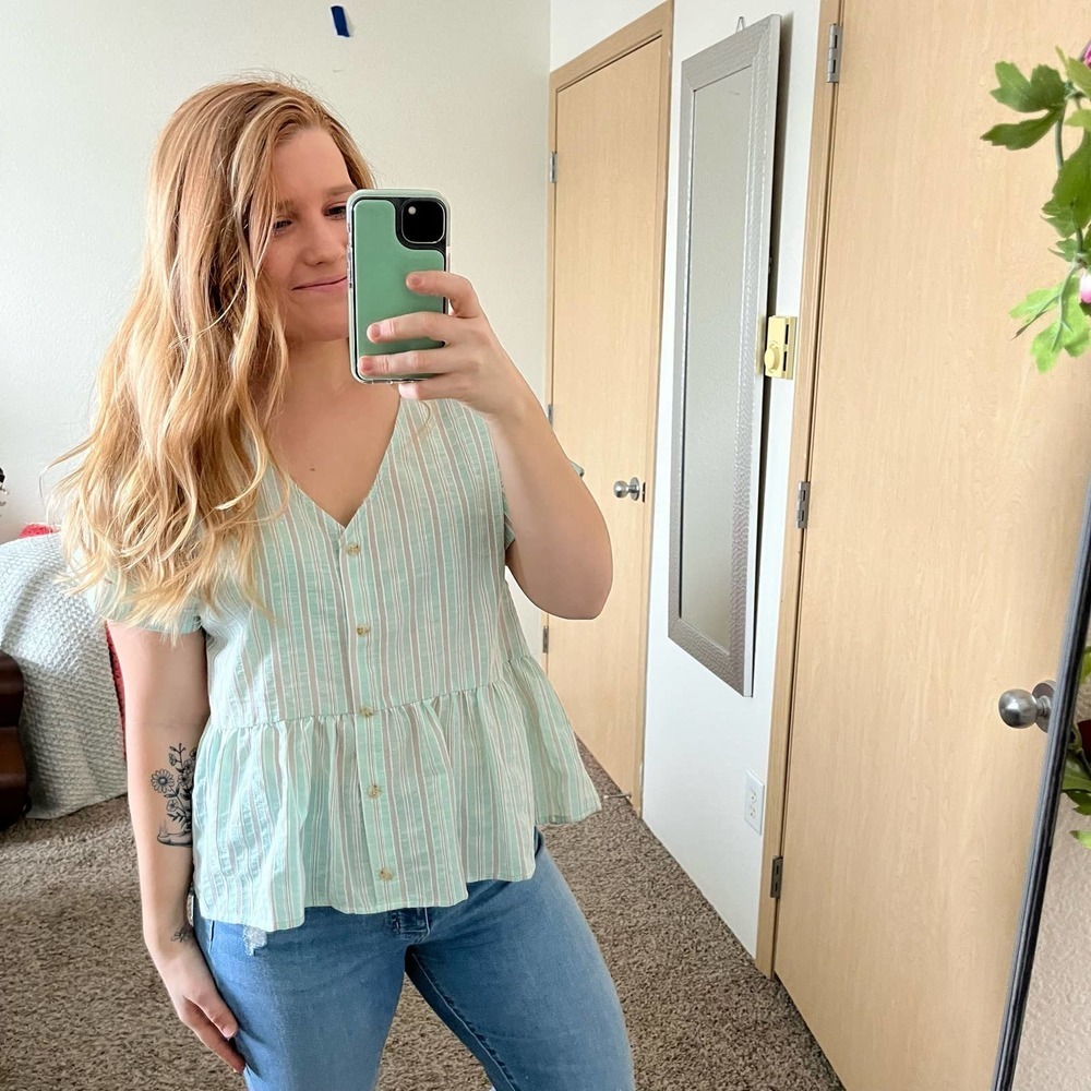 Blu Pepper Mint-Striped Peplum Button V-Neck Blouse